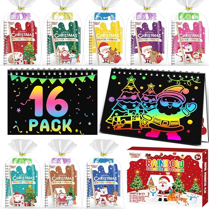 Scratch Art Party Favors for Kids 8-12: 16 Pack Christmas Rainbow Scratch Art Notebook, Christmas Coloring Books Goodie Bags Stuffers for Kids, Bulk Classroom Birthday Gifts for Student
