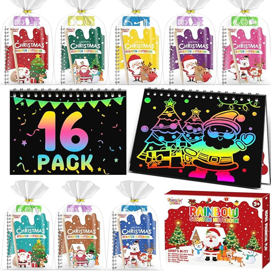 Scratch Art Party Favors for Kids 8-12: 16 Pack Christmas Rainbow Scratch Art Notebook, Christmas Coloring Books Goodie Bags Stuffers for Kids, Bulk Classroom Birthday Gifts for Student