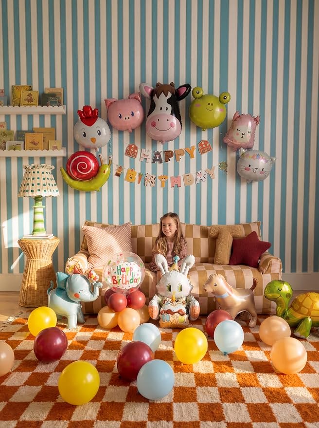 48 PCS Happy Birthday Farm Animals Foil Balloon Decorations Kit for Kids Birthday, Farm Theme Cow Chicken Pig Sheep All-In-One Party Supplies with Birthday Banner for Boys Girls Kids