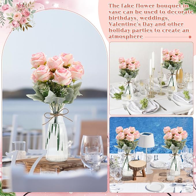 Zeyune 36 Pack Artificial Flowers Centerpiece with Vase Bulk for Wedding Table 24 Bundles Silk Floral Faux Rose Bouquet with 12 Plastic Vase for Bridal Shower Table Decor(Light Pink)