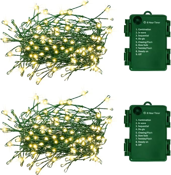 FairyGlim Outdoor Fairy Lights Battery Operated,20Ft 200LED Green Copper Wire Cluster Lights with Timer,Twinkle Firecracker String Lights, Mini Lights for Christmas Tree Wreath,Warm White,2 Pack