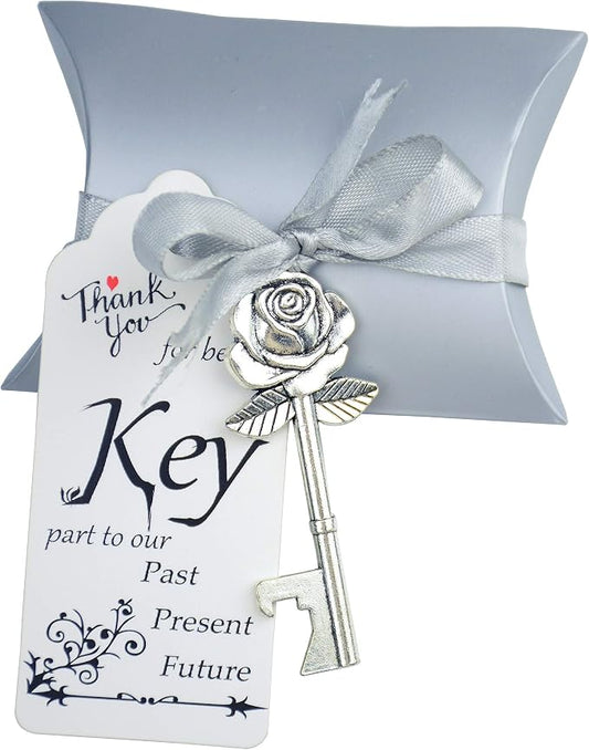 50 Set Skeleton Rose Key Bottle Openers with Candy Box In Antique Vintage Style Escort Tags French Ribbon As A Gift Souvenir At Wedding Party Supplies (Antique Silver)