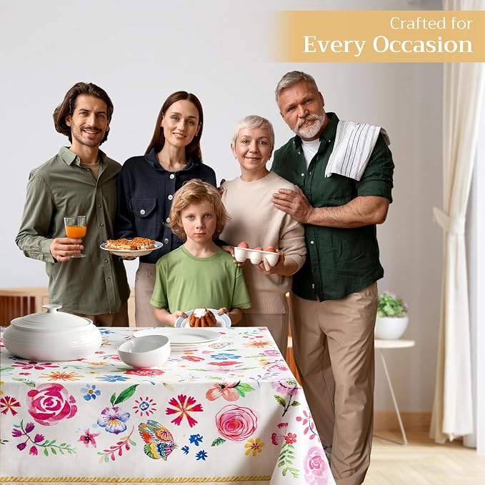Maison d' Hermine Table Cloth Rectangle Table 100% Cotton 60 x 90 Inches Tablecloth Reusable Decorative for Dining Kitchen Room Farmhouse Home Hotel Restaurant Spring Summer - Happy Florals - Sweety