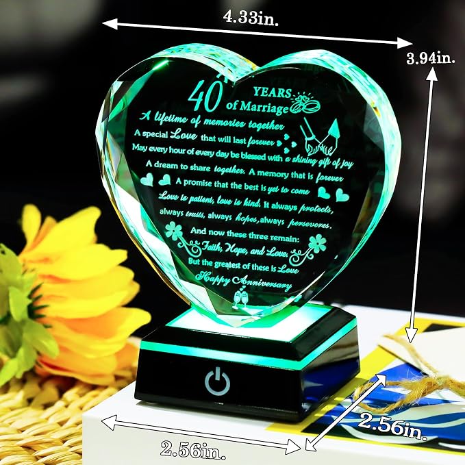 40th Wedding Anniversary Crystal Gifts for Couples Parents, Romantic Heart 40th Anniversary Keepsake Gifts for Her Him, 40 Years of Anniversary Marriage Gifts for Wife Husband
