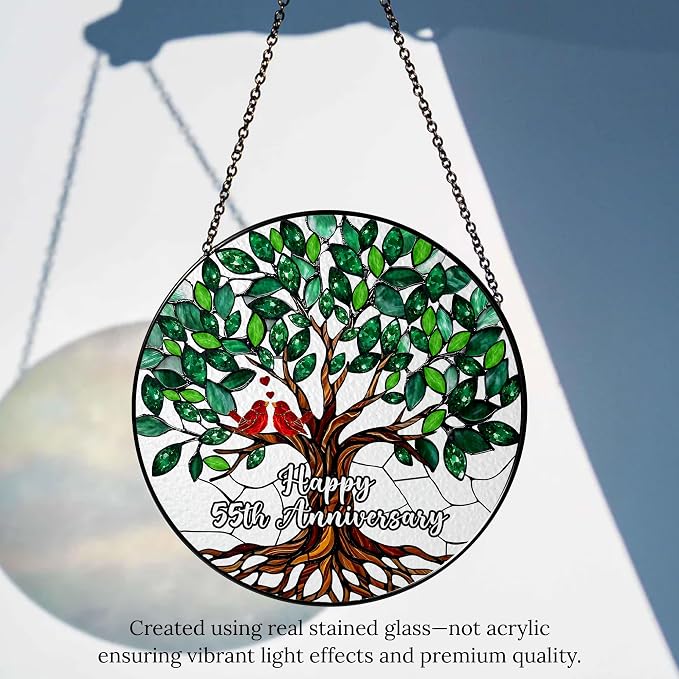55th Wedding Anniversary Stained Glass Suncatcher, 6x6' Anniversary Decorations, 55th Celebration Marriage Gifts for Parents, Couple, Wife & Husband, 55 Wedding Milestone Keepsake