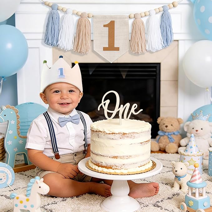 DCJHFJ Baby Boy First Birthday Party Decorations for Blue High Chair Banner with One Cake Topper Crown Hat