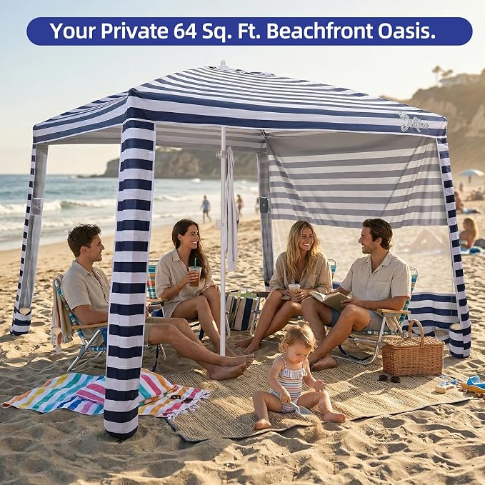 Jihfmo 8x8 Ft Large Beach Cabana Tent, UPF 50+ 99.9% UV Block, 6-8 People | 300D Polyester, Silver Coating Keeps Cool, Windproof, Easy Setup — 64 Sq Ft Family Sun Shelter for Beach, Camping & Backyard