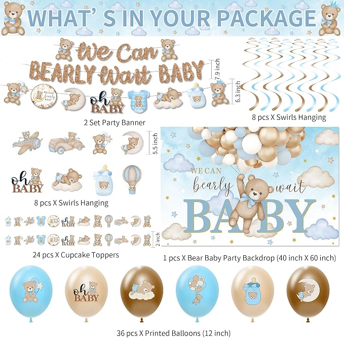 We Can Bearly Wait Baby Shower Decorations for Boy, Blue Bear Baby Shower Decorations Party Supplies, Paper Plate, Napkin, Cup, Banner, Tablecloth, Balloon, Swirls, Backdrop, Topper, Serves 24