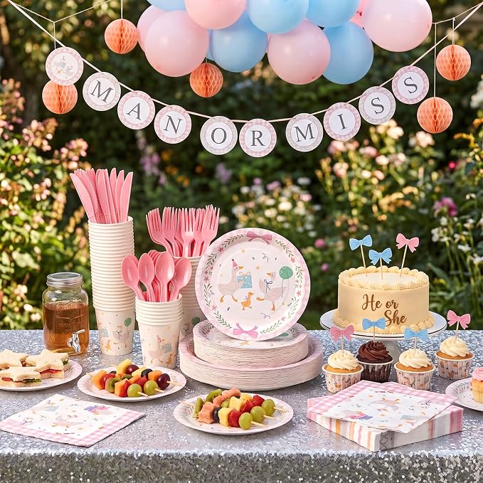 Ziliny 350 Pcs One Silly Goose Baby Shower Decoration One Silly Goose Birthday Decoration Paper Plates Napkins Tableware for Gender Reveal Newborn Birthday Party Serves 50 Guests