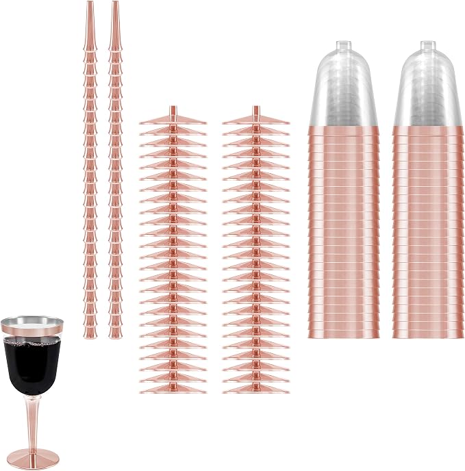BloominGoods 50 Rose Gold Rimmed Disposable Plastic Wine Glasses | Large 10 oz. Premium Clear Hard Plastic Fancy Wine Cups for Weddings & Events (50-Pack)