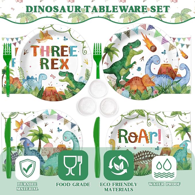 210 Pcs 3rd Dinosaur Birthday Party Decorations 24 Guests ，Three-Rex T-Rex Rawr Dino Party Supplies with Banner Hanging Plates Napkins Cups Forks Knives Tablecloth Topper Balloons for Boy Party