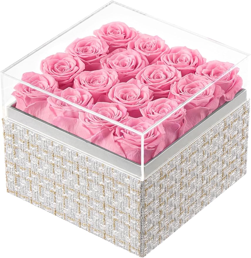 Eterfield Forever Flowers Preserved Roses Real Roses that Last Over a Year Rose Box Gifts for Her Mothers Day Valentines Day Christmas (Square Gold White Plaid Box, 16 Pink Roses)