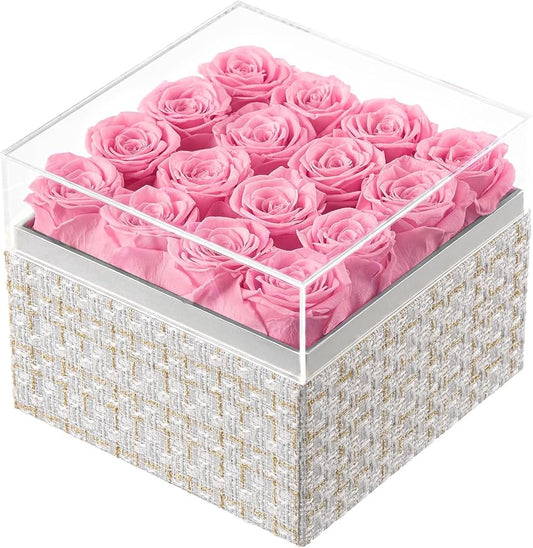 Eterfield Forever Flowers Preserved Roses Real Roses that Last Over a Year Rose Box Gifts for Her Mothers Day Valentines Day Christmas (Square Gold White Plaid Box, 16 Pink Roses)