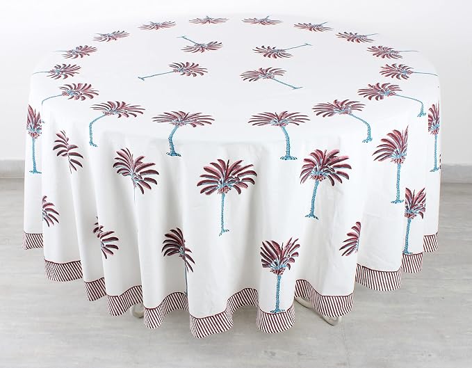 Ridhi Round Tablecloth Hand Block Print 100% Cotton Reusable Red Palm 60 Inch Table Cover Decorative Everyday Use for Dining, Home, Party, Wedding, Farmhouse, Party Gift for Spring, Mother's Day