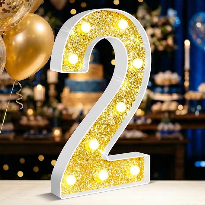 12.6 Inch LED Gold Marquee Light Up Numbers, 2nd Birthday Decorations Number Lights as Gifts for Girls Boys, Glitter Lighted Marquee Numbers for Golden Anniversary Party Table Decor, 2