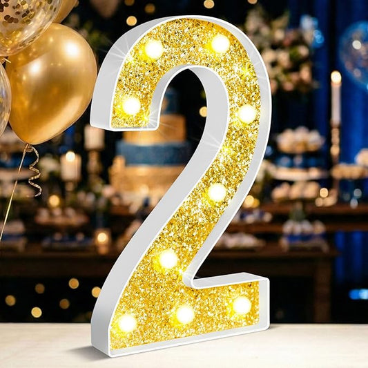 12.6 Inch LED Gold Marquee Light Up Numbers, 2nd Birthday Decorations Number Lights as Gifts for Girls Boys, Glitter Lighted Marquee Numbers for Golden Anniversary Party Table Decor, 2