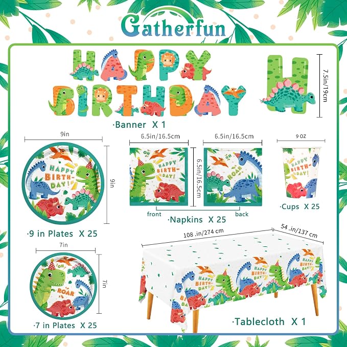 Dinosaur Birthday Party Supplies Disposable Paper Plates Napkins Cups Tablecloth and Banner for Dinosaur Party Decorations Serve 25
