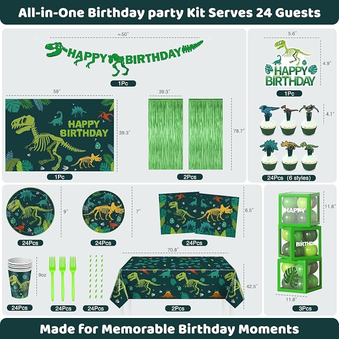 Dinosaur Birthday Decorations, Dino Party Supplies Set for Kids | Hand-Drawn Dinosaur Theme, Complete Party Kit, Easy Birthday Setup, Photo-Ready Backdrop