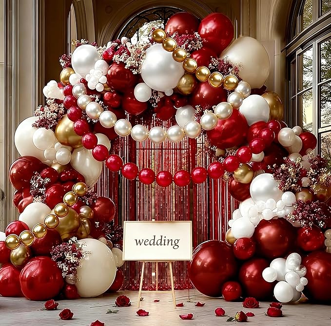 Red White Gold Balloon Arch Double Stuffed Burgundy Pearl White Sand Gold Balloon Garland Kit Red Linking Balloons Fringe Curtain for Birthday Bridal Shower Mother's Day Wedding Engagement Party Decor