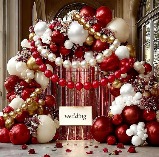 Red White Gold Balloon Arch Double Stuffed Burgundy Pearl White Sand Gold Balloon Garland Kit Red Linking Balloons Fringe Curtain for Birthday Bridal Shower Mother's Day Wedding Engagement Party Decor