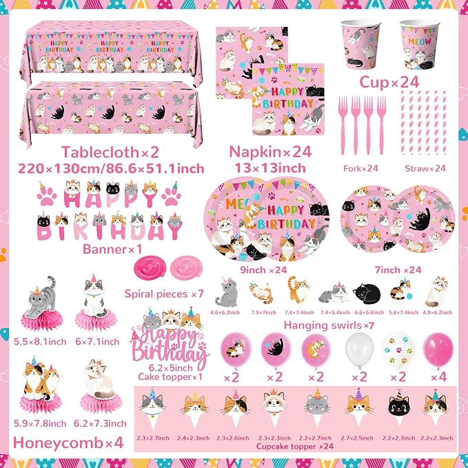 204Pcs Cat Birthday Decorations - Cat Birthday Party Supplies Include Plates,Napkins,Banner,Tablecloth,Hanging Swirls,Cake Toppers Pink Themed Decoration for Boys Girls Party Serves 24
