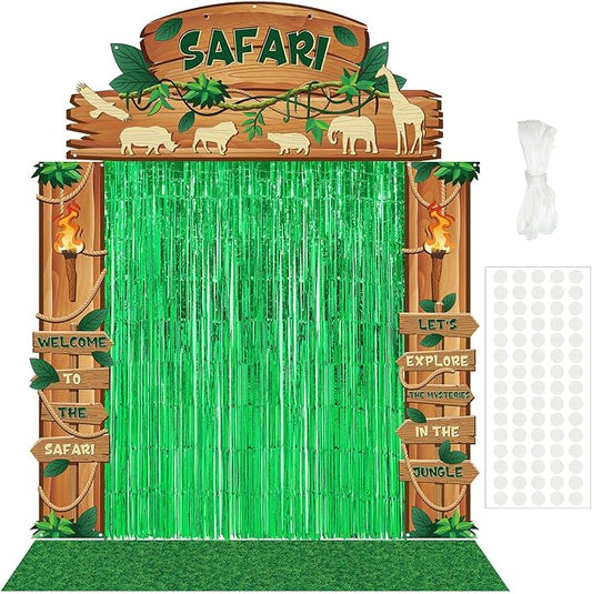 VitalCozy 7pcs Vbs 2026 Safari Party Decorations Jungle Safari Party Porch Banners Green Rug Green Foil Fringe Backdrop Curtains for Wild Animals Birthday Jungle Photo Background Door Entryway Decor