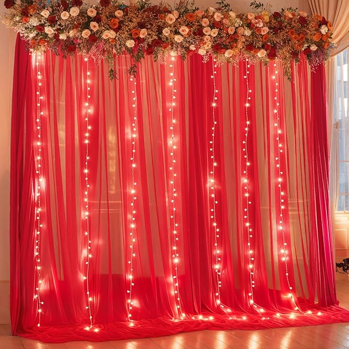 10x10ft Red Tulle Backdrop Curtain with Lights String for Parties, Sheer Photo Backdrop Drapes for Wedding Baby Shower Birthday Party Valentines Photo Shoot Decorations