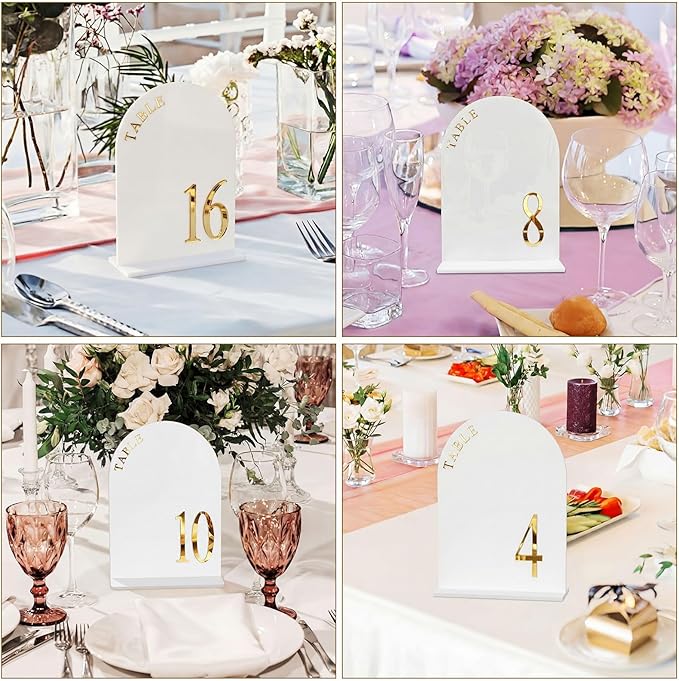 AceOrbit White Wedding Table Numbers 1-20 with Stands 5" x 7" White Acrylic Wedding Signs with Holder Elegant Arch Numbered Signage Tabletop Reception Sign for Anniversary, Banquet, Event Decor