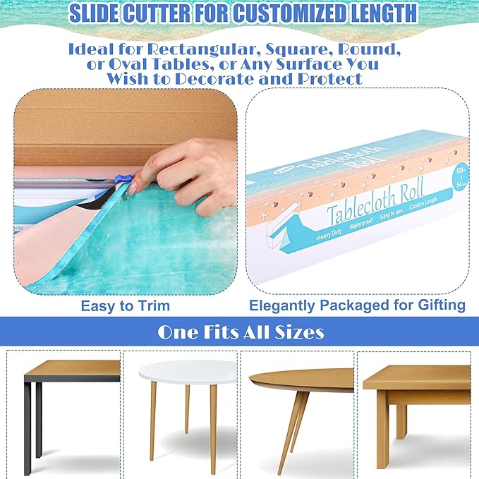 Kochorie 100 Ft x 54 Inch Summer Beach Tablecloth Roll with Cutter Box Beach Themed Party Tablecover Disposable Beach Ball Plastic Tablecloth Ocean Backdrop for Summer Pool Birthday Party Supply