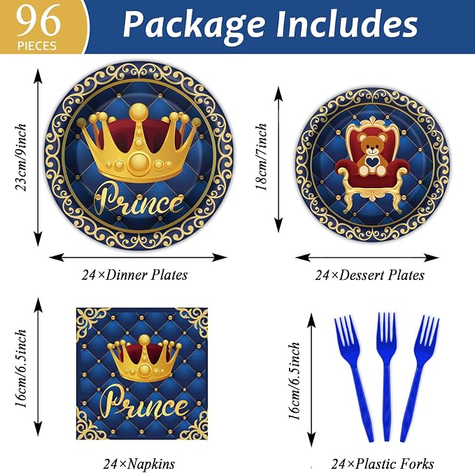 chiazllta 96 Pcs Royal Blue Prince Party Paper Plate and Napkins Supplies Little Blue Prince Theme Baby Shower Dinnerware Decor Blue and Gold Crown Paper Plate Napkin Fork for Party Favors 24 Guests