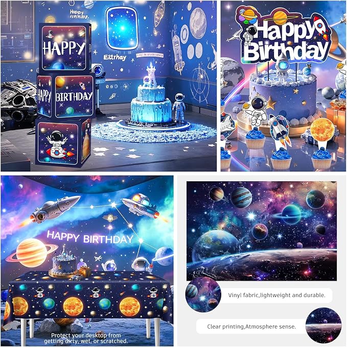 296PCS Space Birthday Decorations, All-in-1 Party Pack, 25 Serves Disposable Tableware Set, Includes Balloon Boxes, Backdrop Tablecloth for Outer Astronaut Birthday Decorations