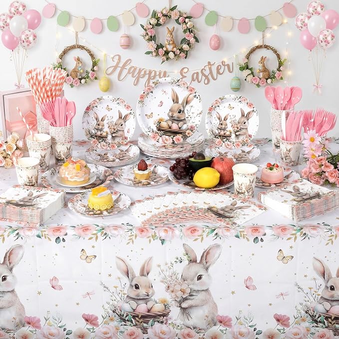452 Pcs Bunny Birthday Party Decorations for 50 Guests, Pink Floral Bunny Paper Plates and Napkins Cups Cutlery Rabbit Disposable Tableware Set for Spring Baby Shower Birthday Supplies