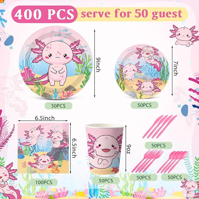 Funnymoom 400 Pcs Axolotl Birthday Party Supplies for 50 Guests Pink Cartoon Axolotl Paper Plates and Napkins Knives Spoon Fork Cup Disposable Reptile Animals Dinner Sets for Baby Shower Party