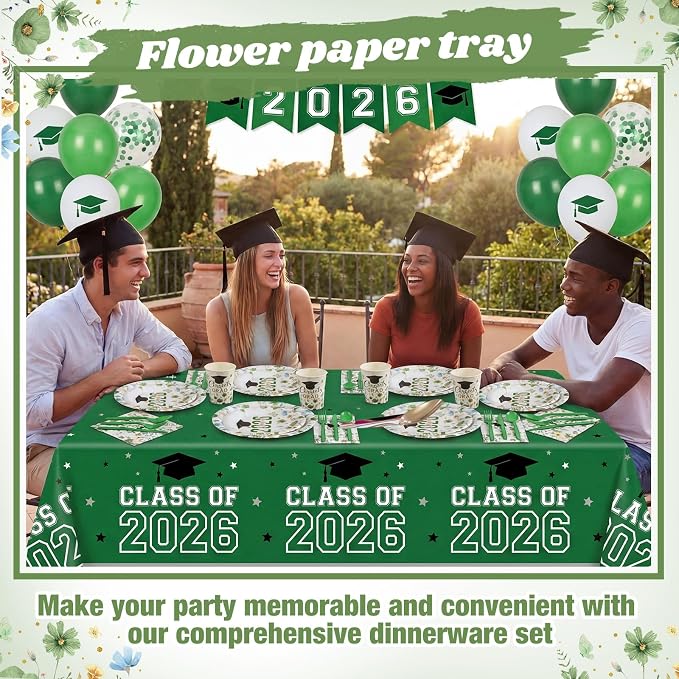 400 Pcs Class of 2026 Sage Green Floral Graduation Decorations for 50, Green and Gold Graduation Paper Plates Napkins and Cups Cutlery Grad Tableware for 2026 Congrats Grad Party Supply