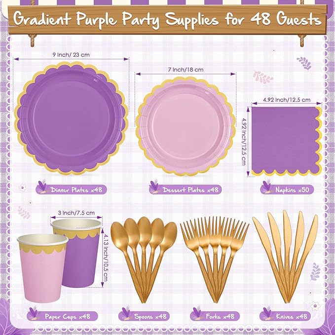 Mimorou 338 Pcs Purple Plates and Napkins Party Supplies for Guests Lavender Tableware Include Scalloped Plates Paper Napkin Cup Spoon Fork Knife for Baby Shower, Wedding, Birthday