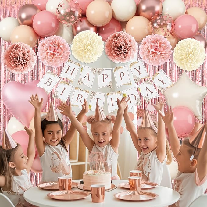 Jobkoo Pink Birthday Decorations for Women, Boho Dusty Pink Rose Gold Blush Beige Latex Balloons Happy Birthday Banner Foil Fringe Curtain Tissue Paper Pompom for Woman Girls Party Decoration Supplies
