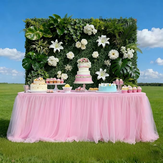 2-Pack Pink 2-in-1 Tulle Tablecloth for 6-Foot Rectangular Table – Stretch Fitted Table Skirt & Cover for Baby Shower, Bridal, Birthday, Princess Party