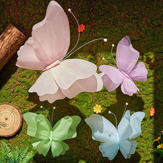 SUNBEAUTY Butterfly Party Decorations, 3D Butterflies, Water Proof Wedding Decor, Hanging Butterflies for Baby Shower Birthday Decor Party Girls, Women, PET Plastic Butterfly for Wall Decor, Set of 4