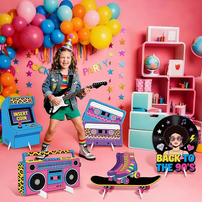 5Pcs 90s Party Decorations, Large Retro Theme Cardboard Cutouts Arcade Game Machine Boombox Vintage 90s Yard Sign for Neon Hip Hop Music Birthday Indoor Outdoor Photo Props Booth Backdrop
