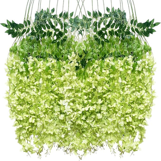Artificial Wisteria Hanging Flowers Fake Wisteria Flower Garland Silk Vines Rattan Decor for Home Wedding Arch Wall Garden Greenery Bedroom Outdoor Office Party Decoration(24, Green)