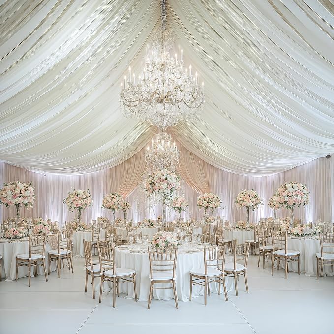 2 Panels 5x20ft Ivory Ceiling Drapes for Wedding Parties, Wrinkle Free Thick Polyester 20ft Extra Long Wedding Draping Ivory Ceiling Curtains Arch Drapery for Birthday Party Canopy Tent Decor