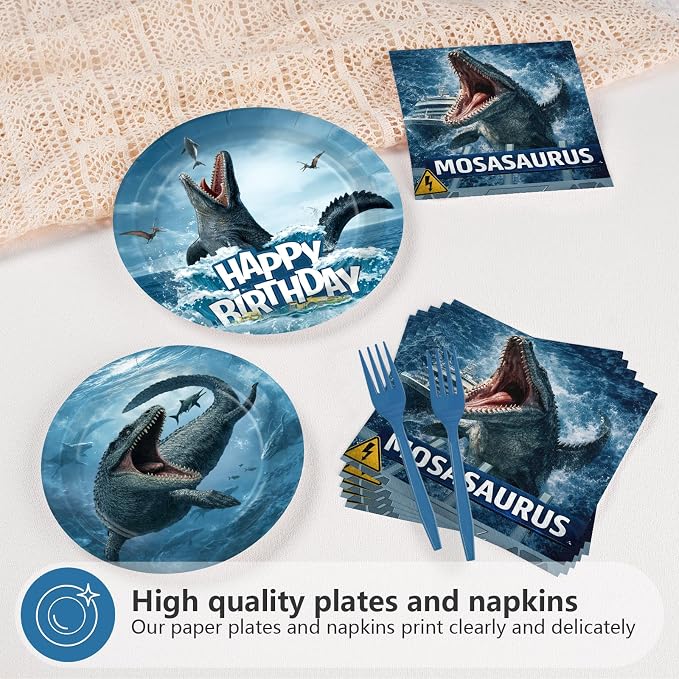 96 Pcs Mosasaurus Dinosaur Birthday Party Decoration Mosasaurus Themed Plates and Napkins Ocean Dinosaur Tableware Set for Kids Dino Birthday Baby Shower Party Supplies, Serves 24