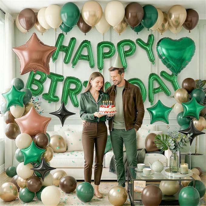 Green and Brown Birthday Decorations Dark Forest Green Safari Camo Army Brown Coffee Gold Sand Nude Balloons Happy Birthday Banner Heart Balloons 18/10 Inch Star Balloon for Boys Bday Party Supplies