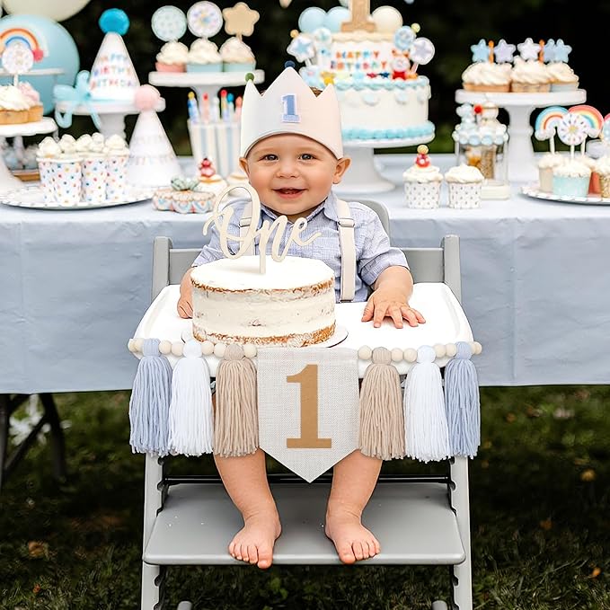 DCJHFJ Baby Boy First Birthday Party Decorations for Blue High Chair Banner with One Cake Topper Crown Hat