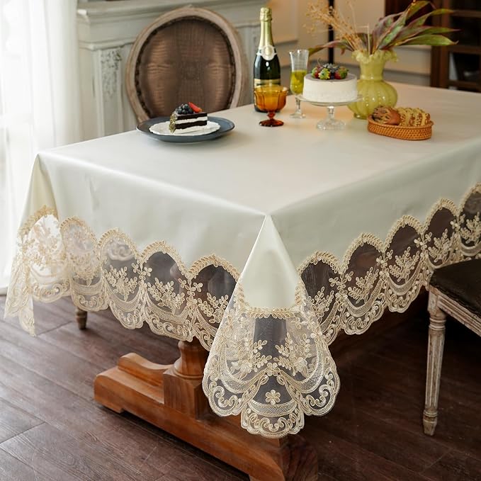 ARTABLE Lace Tablecloth Rectangle Waterproof Table Cover with Exquisite Macrame Border for Wedding Kitchen Holidays Party Decor (Beige, 54 x 72 Inch)