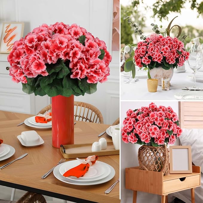 Hananona 12 Pcs Artificial Geranium Flowers for Outdoors Geranium Silk Flowers Outdoor UV Resistant Garden Plants Faux Flowers for Home Kitchen Table Centerpieces Decor (12, Peach)