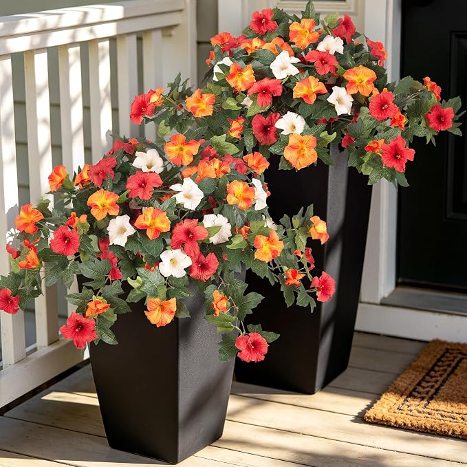 Ammyoo Artificial Fall Flowers Fake Petunias Plants for Outdoor Decoration | 4 Pcs UV Resistant Faux Silk Flowers No Fade Floral for Garden Balcony Yard Porch Realistic Indoor Decor (Orange White)