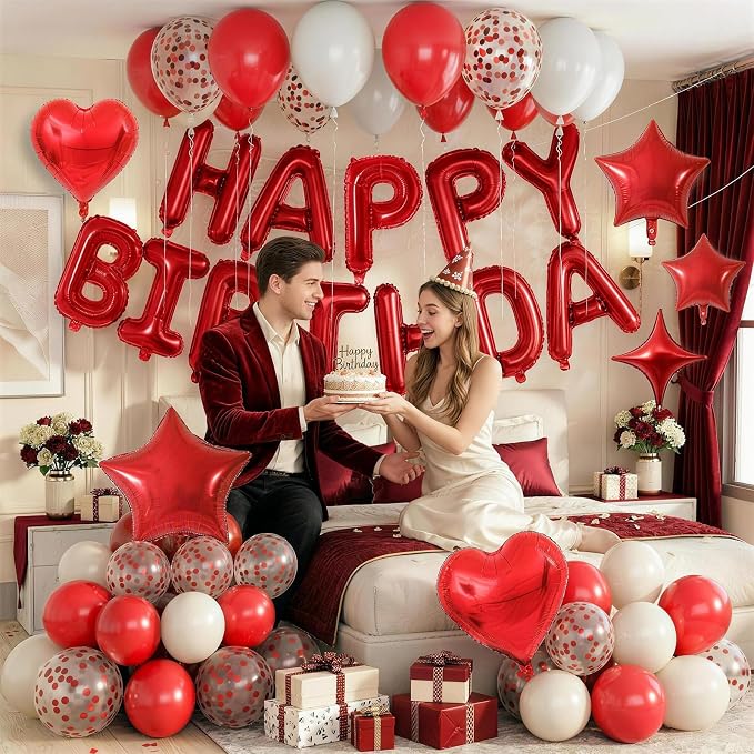 Red White Birthday Decorations for Women Girls Dark Red Metallic Pearl Whte Confetti Party Balloon Happy Birthday Banner Heart Foil Balloons 18/10 Inch Star Balloons for Bday Party Supplies