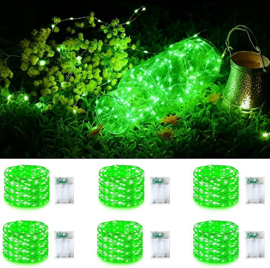 YEGUO St. Patrick's Day Decor Fairy Lights Battery Operated, 6 Pack Each 16ft 50 LED Green Mini String Lights, 2 Modes Silver Wire Christmas Twinkle Light Indoor for Bedroom Wedding Party Holiday Gift