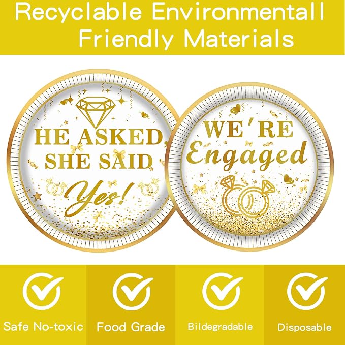 141PCS Engagement Party Decorations, Happy Engagement Banner Ring Foil Balloons He Asked She Said Yes Disposable Dinnerware with 1 Pcs Tablecloth, Wedding Proposal Decorations